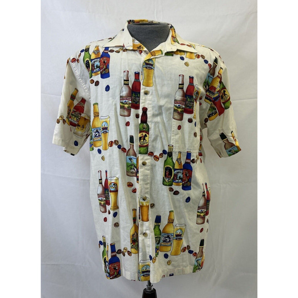 Weekender Traveler Shirt Mens Large Beer Bottles Caribbean Happy Hour Ivory FS - Picture 1 of 9